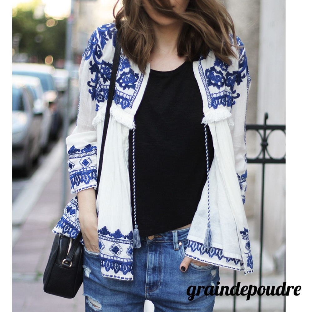 Rare! Zara Blogger Trafuluc White & Blue Embroidered Blouse Jacket Tie Front S